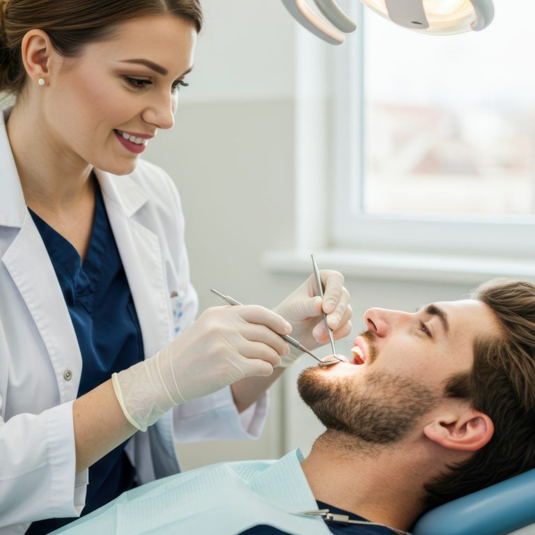 Female dentist examines Caucasian man's teeth in modern dental office Focus on oral care, preventive healthcare