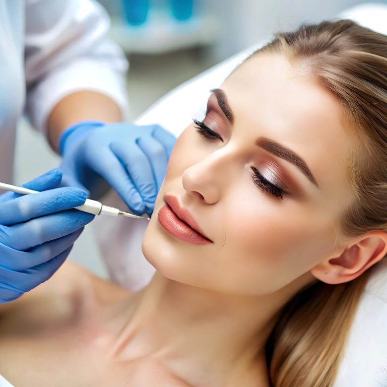 Cosmetologist making rejuvenating anti wrinkle injections on young woman face. Female aesthetic cosmetology in a beauty salon. Free space