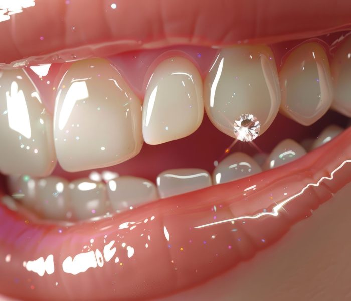 Close-up of a smiling mouth with shiny teeth, with a sparkling gemstone on one tooth.