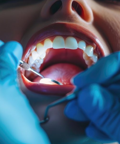 Dental examination and procedure in progress on a patient with an open mouth, showcasing dental care and treatment Dental examination and procedure in progress on a patient with an open mouth, showcasing dental care and treatment.